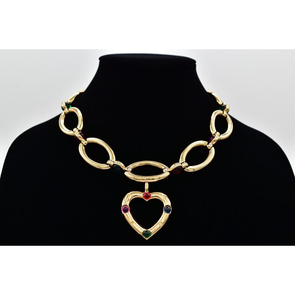 Givenchy Vintage Cabochon Heart Collar Necklace Crystal Chunky RARE Signed Bin7B